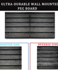 Ultra-durable wall-mounted peg board with positive and reverse sides shown, black panel design for garage and workshop use.