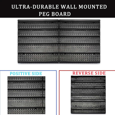 Ultra-durable wall-mounted peg board with positive and reverse sides shown, black panel design for garage and workshop use.