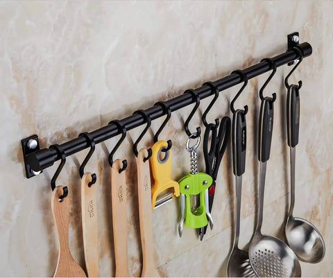 Gourmet Kitchen Utensil Rack with 6 Hooks, Wall Mounted Rail Wrought Iron Hanging Utensil Holder Rack with Removable S Hooks 16 Inch (Black-6 Hooks) on kitchen wall holding utensils