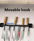 Modern Kitchen Utensil Rack, Black Wall-Mounted Hanging Rod with 6 Movable Hooks, 15.75 Inch Metal Storage Organizer displayed with knives