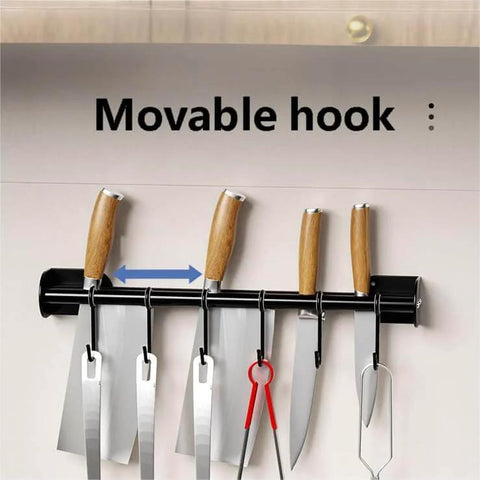 Modern Kitchen Utensil Rack, Black Wall-Mounted Hanging Rod with 6 Movable Hooks, 15.75 Inch Metal Storage Organizer displayed with knives
