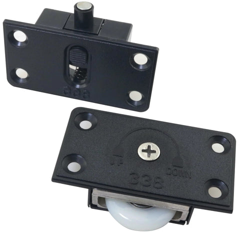Close-up of Black Wardrobe Sliding Door Wheel Kit With Screws Silent Nylon Rollers For Quiet Closet Track Hardware