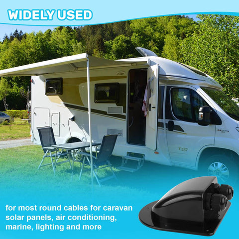 Waterproof ABS Dual Cable Entry Gland Box for Solar Panels Double Cable Protection Shell for RVs and Boats, black, in use on RV