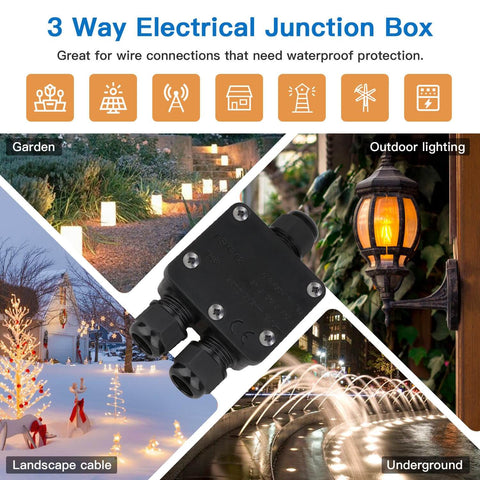 IP68 Waterproof 3 Way Junction Box For Outdoor Use Built Tough And Weatherproof Black Underground Cable Connector Dustproof And UV Resistant Ideal For 5mm To 15mm Wire Glands 1 Pack Small Outdoor Ready And Hassle Free in a garden installation scenario