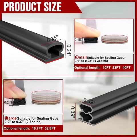 Product sizes for Weather Stripping Door Seal - 23 Ft Self-Adhesive TPE Rubber Door Seal Strip for Door Frame/Window Seal