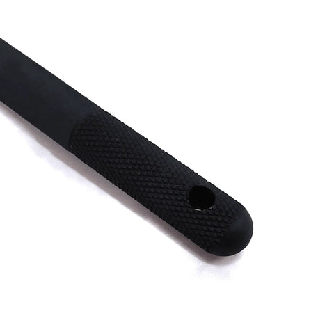 Close-up of a Two Piece Stainless Steel M14x1.5 Wheel Alignment Pin with textured handle and hole for quick tire mounting on cars with lug bolts.