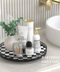 Black And White Checkered Round Lazy Susan Turntable With Iron Frame And 13 Inch Wooden Tabletop Kitchen Organizer