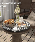 18 Inch Black And White Checkered Lazy Susan Turntable With Iron Frame Decorative Tray on dining table with pastries and flowers