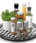 Black And White Checkered Round Lazy Susan Turntable With Iron Frame And 13 Inch Wooden Tabletop Kitchen Organizer displaying condiments