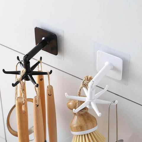Kitchen Utensil Hanger with 6 Hooks, 2 Pack Under Cabinet Utensil Holder 360° Rotatable Kitchen Hooks shown in black and white.