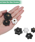 Six Pack Star Knobs With Quarter Inch Female Thread Hex Head Blind Hole Clamping Grips in black and white on a hand
