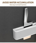 Close-up of wall-mounted knife holder organizer showing no-drill installation, premium material, and space-saving design in black and white.