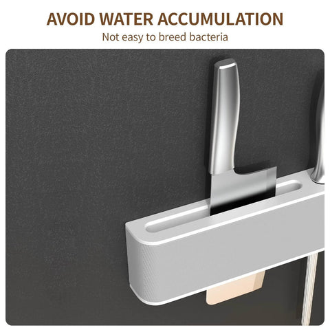 Close-up of wall-mounted knife holder organizer showing no-drill installation, premium material, and space-saving design in black and white.
