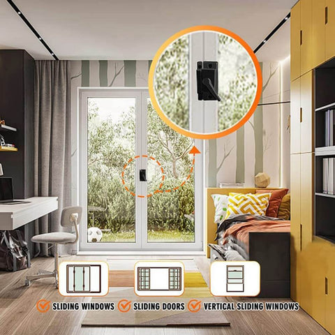 Protect family and home with this durable black window sash lock set for vertical and horizontal sliders; interior view.