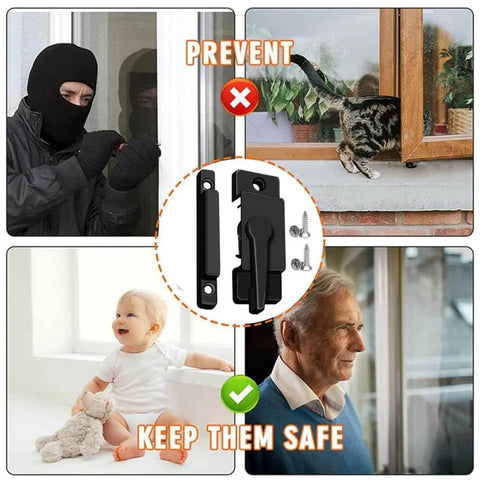 Protect family and home with this durable black window sash lock set for vertical and horizontal sliders shown preventing intrusions and ensuring child safety.