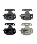 Flat Black Cam Action Window Sash Lock And Keeper Set Four Pack Durable Steel Construction Includes Mounting Screws For Easy Install One And Three Quarter Inch Hole Center Made In Taiwan, shown in four color variations.