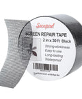 Black Window Screen Repair Tape 2 Inch By 30 Foot Fiberglass Mesh Patch For Windows And Doors with packaging details.