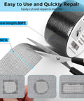 Black Window Screen Repair Tape 2 Inch By 30 Foot Fiberglass Mesh Patch being cut with scissors for easy repair.