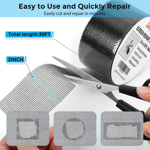 Black Window Screen Repair Tape 2 Inch By 30 Foot Fiberglass Mesh Patch being cut with scissors for easy repair.