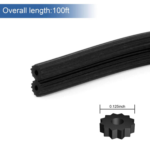 0.125 Inch Window Screen Spline 100 Foot Replacement Round Black Retainer For Window Repair Fits Groove Width 0.118 To 0.132 Inches Serrated Hollow Core TPE UV Stabilized, black spline, 100ft reel, close-up view.