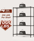 4 Tier Wire Shelving Unit 36x14x54 Black Adjustable Racks Holds 1000 Lbs No Tool Assembly with weight indicators on shelves