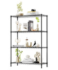 4 Tier Wire Shelving Unit 36x14x54 black, adjustable racks, holds 1000 lbs, no tool assembly, displayed with decor items.