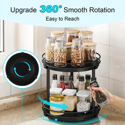 Two Tier Wooden Lazy Susan Spice Rack With 360 Degree Rotation in black, holding jars and spices on a countertop.