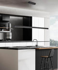47 Inch Black Linear Pendant Light With Wood Finish Dimmable LED Ceiling Fixture for Dining Room Kitchen Island and Pool Table Remote Control and App Connectivity Modern Industrial Lighting for Home installed over a kitchen island