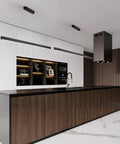 47 Inch Black Linear Pendant Light With Wood Finish Dimmable LED Ceiling Fixture installed over kitchen island