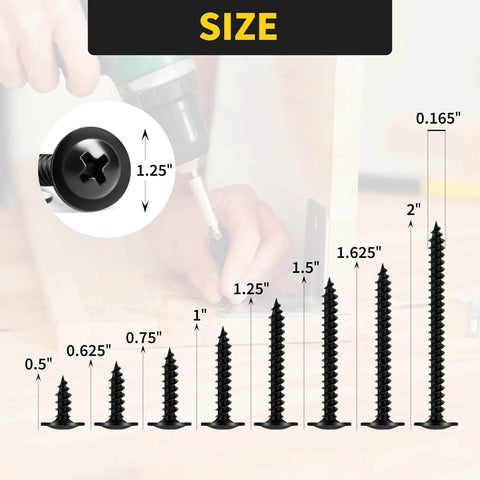 Size chart of 220 PCS #8 Truss Head Black Wood Screws Assortment Kit with Phillips Drive showing 8 sizes from 0.5 to 2 inches.