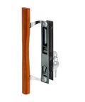 Sliding Door Handle Set Six And Five Eighths Inch Flush Mount Hook Style Diecast and Wood Construction with Keyed Lock and Chrome