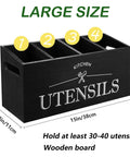 Kitchen Utensil Holder with 4 Compartments, Wooden Utensil Organizer for Countertop, Rustic Kitchen Tool in Black with Dimension Labels