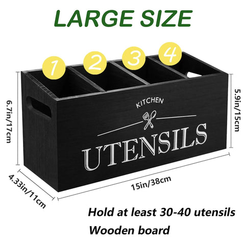 Kitchen Utensil Holder with 4 Compartments, Wooden Utensil Organizer for Countertop, Rustic Kitchen Tool in Black with Dimension Labels