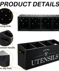 Kitchen Utensil Holder with 4 Compartments, Wooden Utensil Organizer for Countertop, features drying holes and non-slip pads.