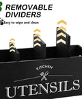 Black Kitchen Utensil Holder with 4 Compartments, Wooden Utensil Organizer for Countertop, featuring removable dividers for easy cleaning.