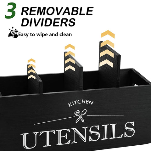 Black Kitchen Utensil Holder with 4 Compartments, Wooden Utensil Organizer for Countertop, featuring removable dividers for easy cleaning.