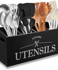 Kitchen Utensil Holder with 4 Compartments, Wooden Utensil Organizer for Countertop, Ideal for Storage and Organization, Rustic Cooking Utensil Kitchen Tool, Black, holding various kitchen tools.