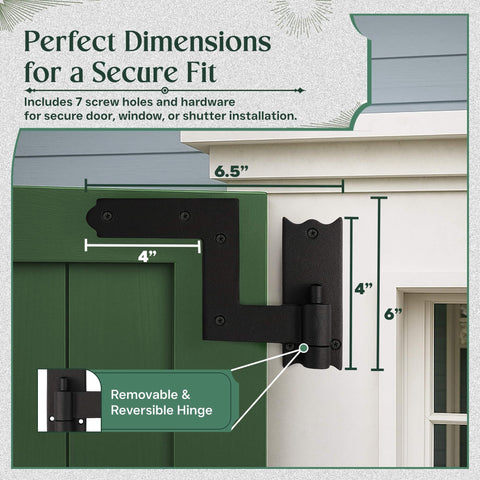 Installed heavy-duty black wrought iron shutter hinge with lift-off pintle on window frame, dimensions labeled for secure fit.