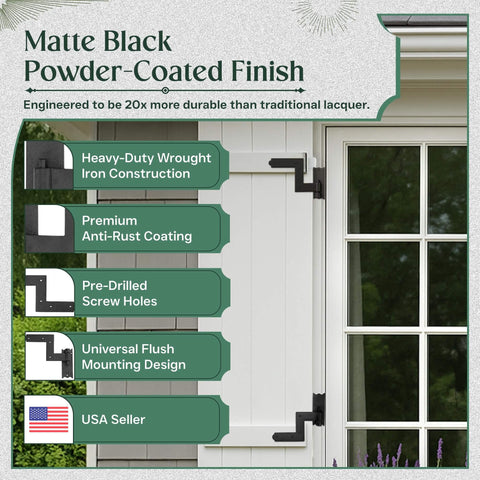 Image of Heavy-Duty Black Wrought Iron Shutter Hinges with lift-off pintles installed on a white shutter next to a window.
