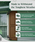 Heavy-Duty Black Wrought Iron Shutter Hinges with lift-off pintles installed on window in storm, benefits listed.