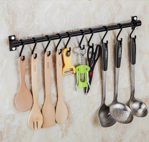 Gourmet Kitchen Utensil Rack with 6 Hooks, Wall Mounted Rail Wrought Iron Hanging Utensil Holder Rack, kitchen tools organized
