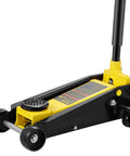 3 Ton Low Profile Floor Jack With Quick Lift Pump For All Terrain Vehicles And Cars Heavy Duty Steel Racing Jack 5.12 Inch To 20 Inch Lifting Range Pro Grade Performance For DIYers And Pros, black and yellow design, front view.