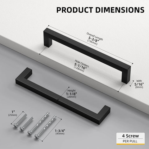 10 Pack 5 Inch Solid Zinc Alloy Cabinet Handles In Black Finish Durable Drawer Pulls for Kitchen Dimension and Screw Details