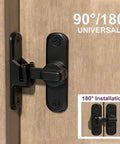 Black Dual 90 And 180 Degree Gate Latch For Barn Doors Zinc Alloy Right Angle Door Lock shown installed on wooden door