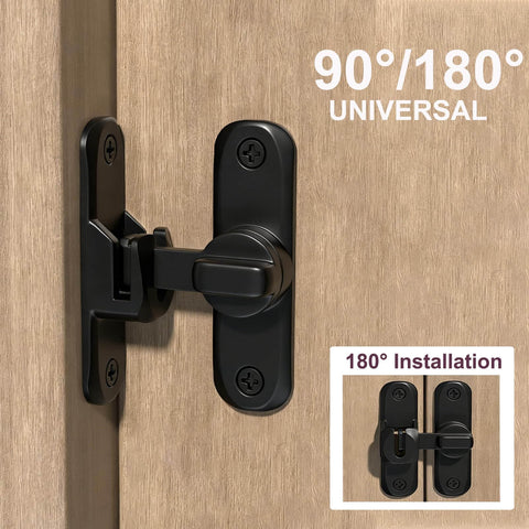 Black Dual 90 And 180 Degree Gate Latch For Barn Doors Zinc Alloy Right Angle Door Lock shown installed on wooden door