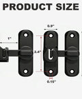 Dual 90 And 180 Degree Gate Latch For Barn Doors Zinc Alloy Right Angle Door Lock Latch, black, with dimensions on display