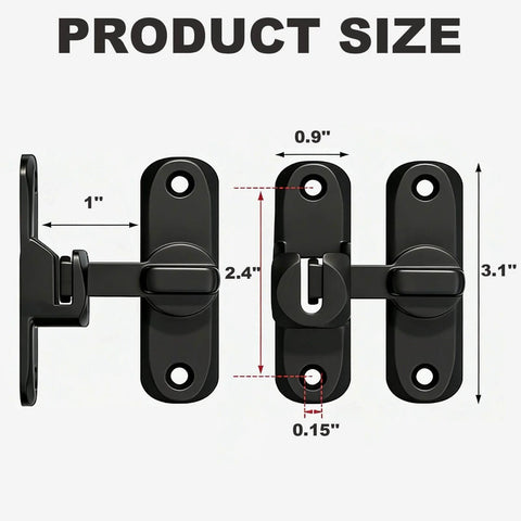 Dual 90 And 180 Degree Gate Latch For Barn Doors Zinc Alloy Right Angle Door Lock Latch, black, with dimensions on display