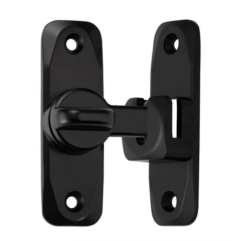 Barn Door Latches, Black 90/180 Degree Gate Lock, Zinc Alloy Right Angle Door Lock Latch, shown mounted together.
