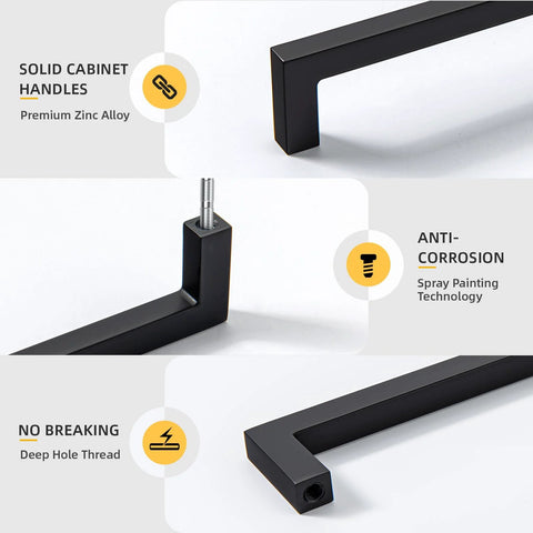 10 Pack 5 Inch Solid Zinc Alloy Cabinet Handles in Black Finish shown in close-up displaying quality and durability features.