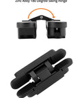 Hidden Door Hinges 2 Pack, 6 Inch Adjustable Concealed Hinges Zinc Alloy Black Finish, top and bottom view, 180 degree swing hinge